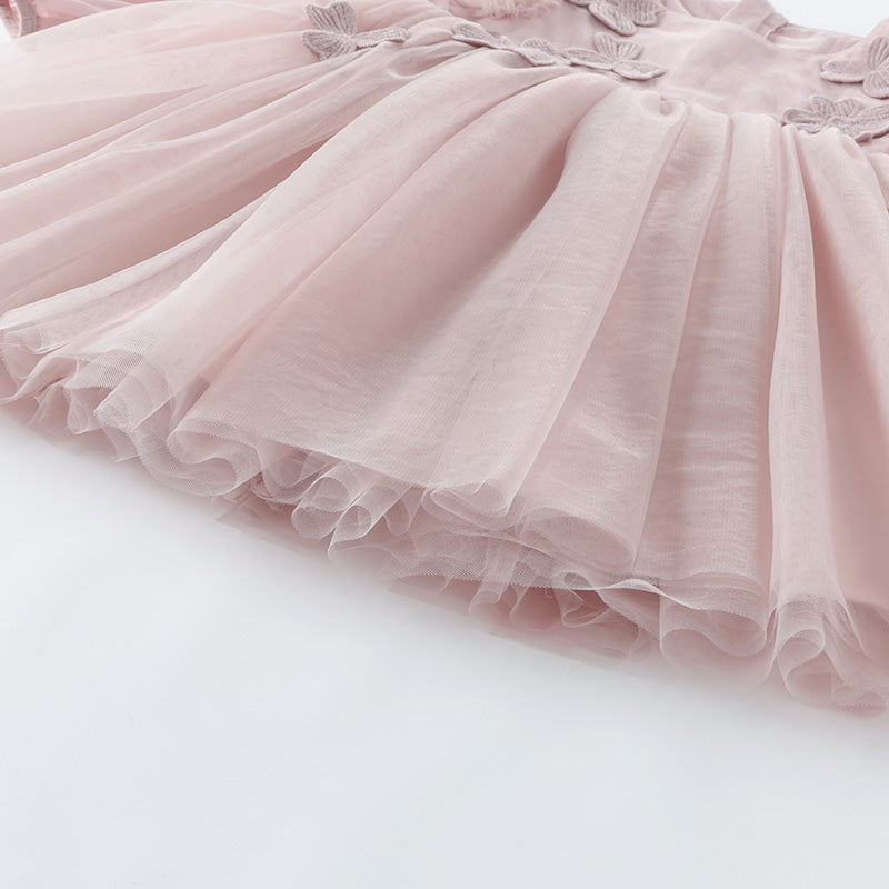 فستان للبنات الصغيرات بأكمام طويلة من التول الوردي بتصميم أنيق مزين بتطريز دانتيل وزهور ثلاثية الأبعاد