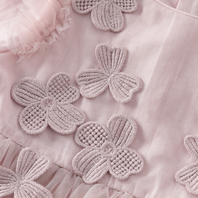 فستان للبنات الصغيرات بأكمام طويلة من التول الوردي بتصميم أنيق مزين بتطريز دانتيل وزهور ثلاثية الأبعاد