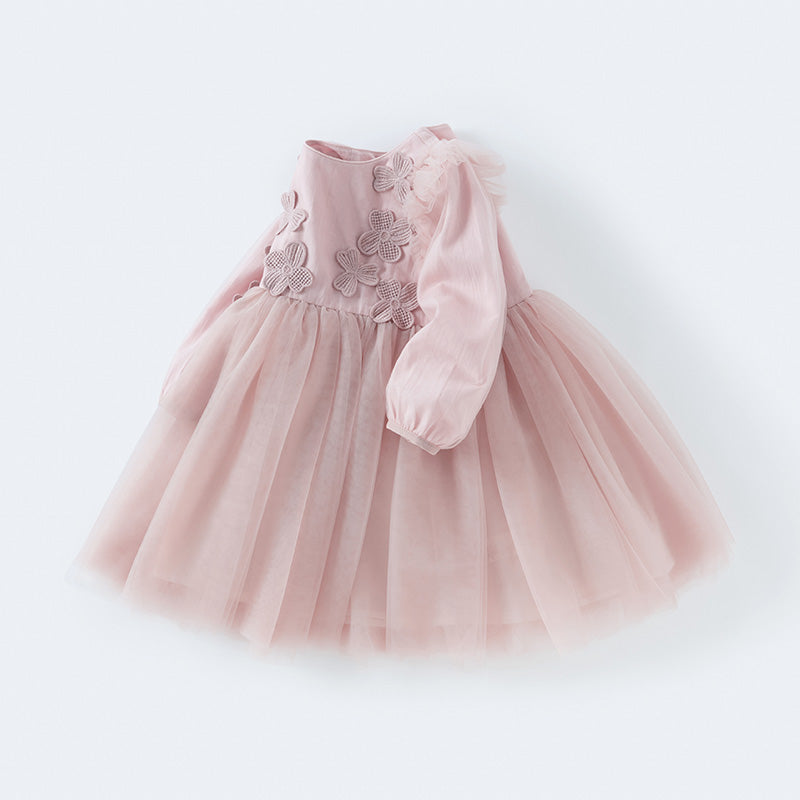 فستان للبنات الصغيرات بأكمام طويلة من التول الوردي بتصميم أنيق مزين بتطريز دانتيل وزهور ثلاثية الأبعاد