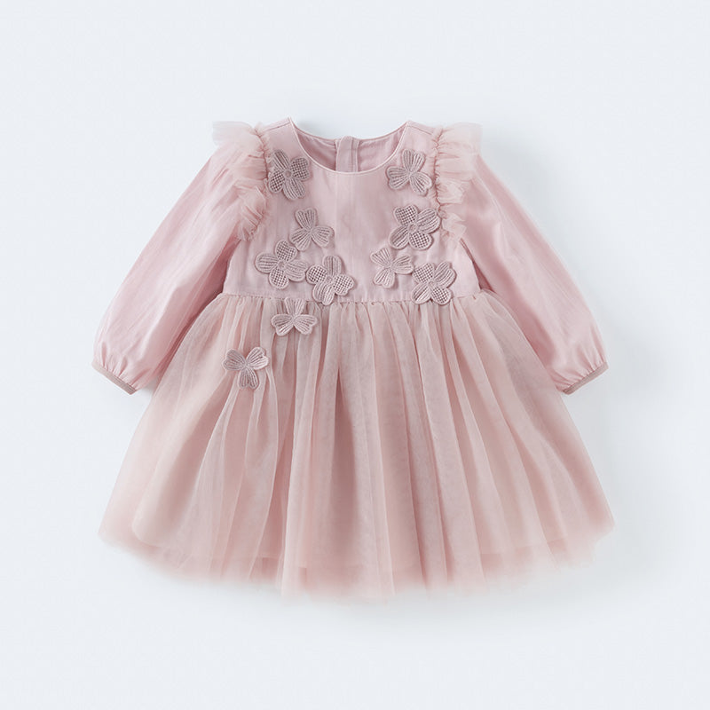 فستان للبنات الصغيرات بأكمام طويلة من التول الوردي بتصميم أنيق مزين بتطريز دانتيل وزهور ثلاثية الأبعاد