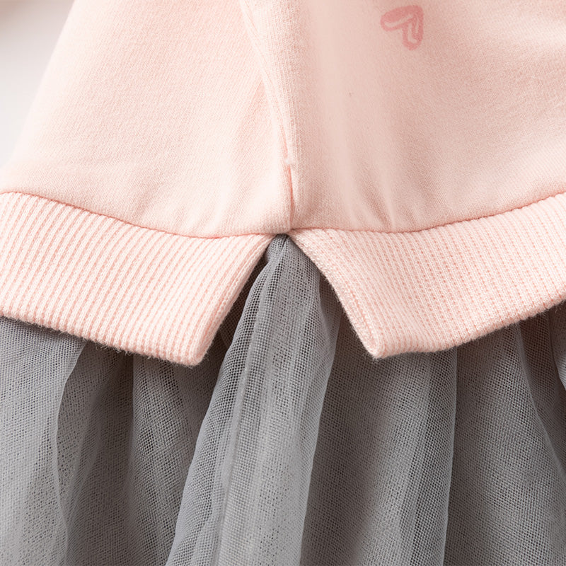 فستان بنات طويل الأكمام وردي لطيف بتنورة تول رمادي فاتح بأسلوب أميرة