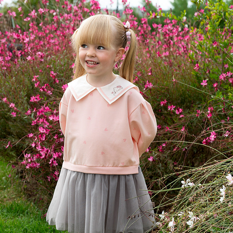 فستان بنات طويل الأكمام وردي لطيف بتنورة تول رمادي فاتح بأسلوب أميرة