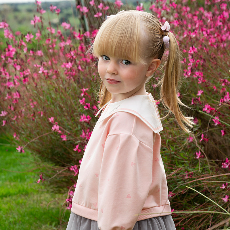 فستان بنات طويل الأكمام وردي لطيف بتنورة تول رمادي فاتح بأسلوب أميرة