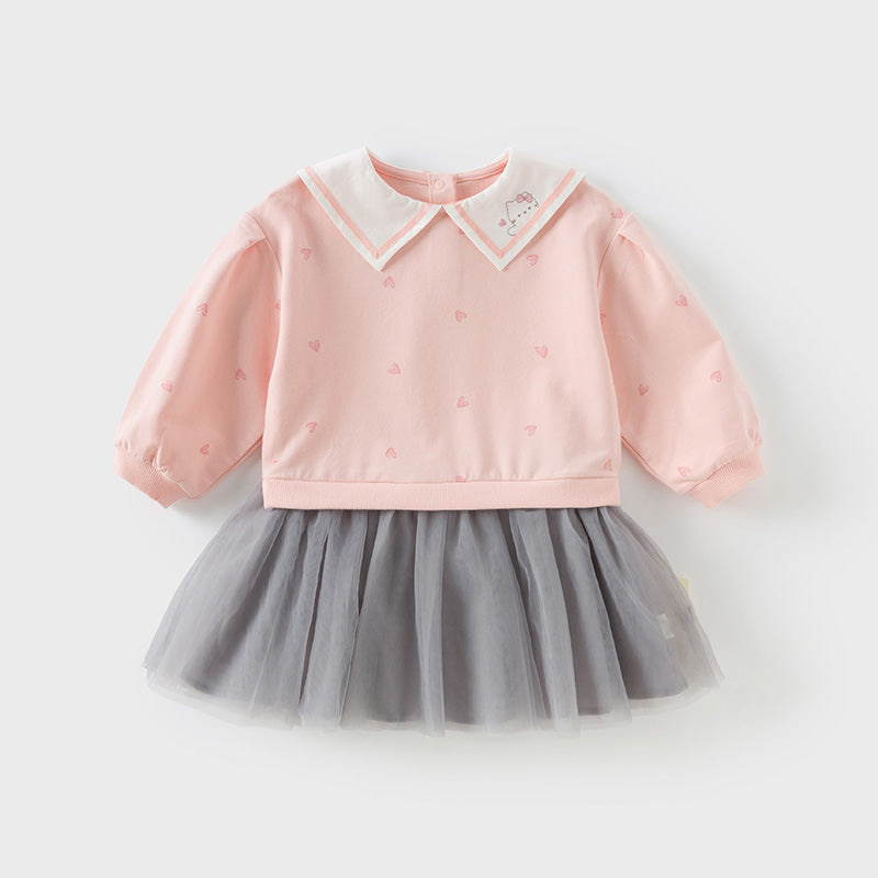 فستان بنات طويل الأكمام وردي لطيف بتنورة تول رمادي فاتح بأسلوب أميرة