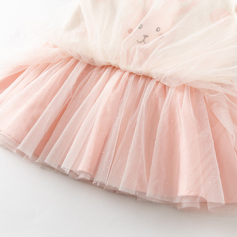 فستان للبنات الصغيرات بأكمام طويلة من التول الوردي مع عناصر محبوكة وزخرفة الأرنب