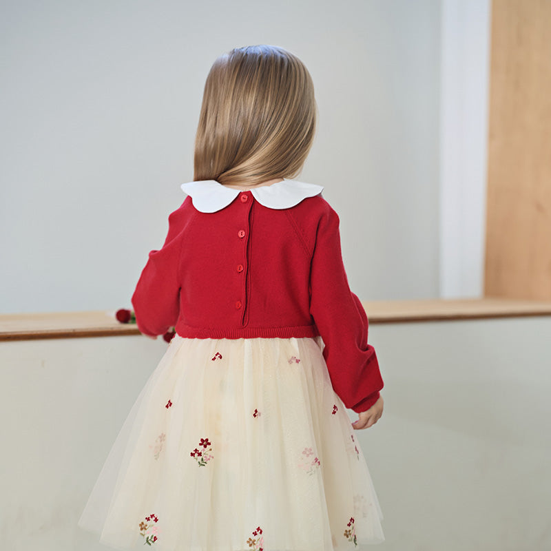 فستان للأطفال بأكمام طويلة من التريكو الأحمر مع تنورة من التول، مزين بياقة دمية بتصميم زهري