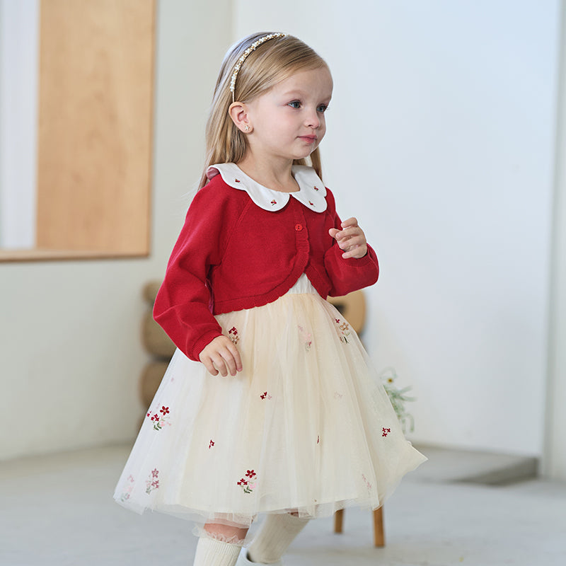 فستان للأطفال بأكمام طويلة من التريكو الأحمر مع تنورة من التول، مزين بياقة دمية بتصميم زهري