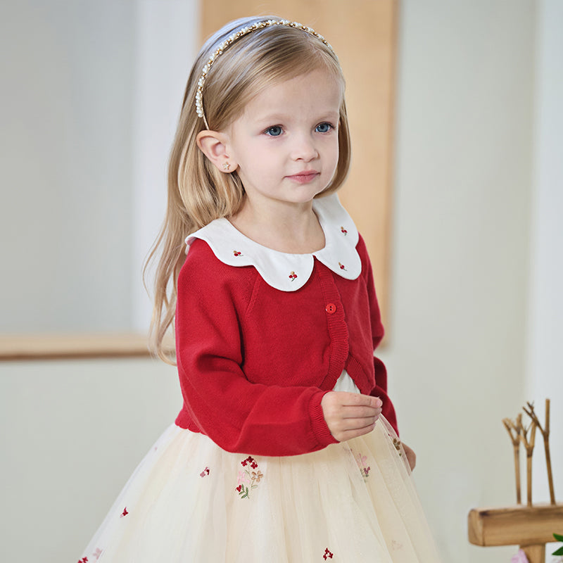 فستان للأطفال بأكمام طويلة من التريكو الأحمر مع تنورة من التول، مزين بياقة دمية بتصميم زهري