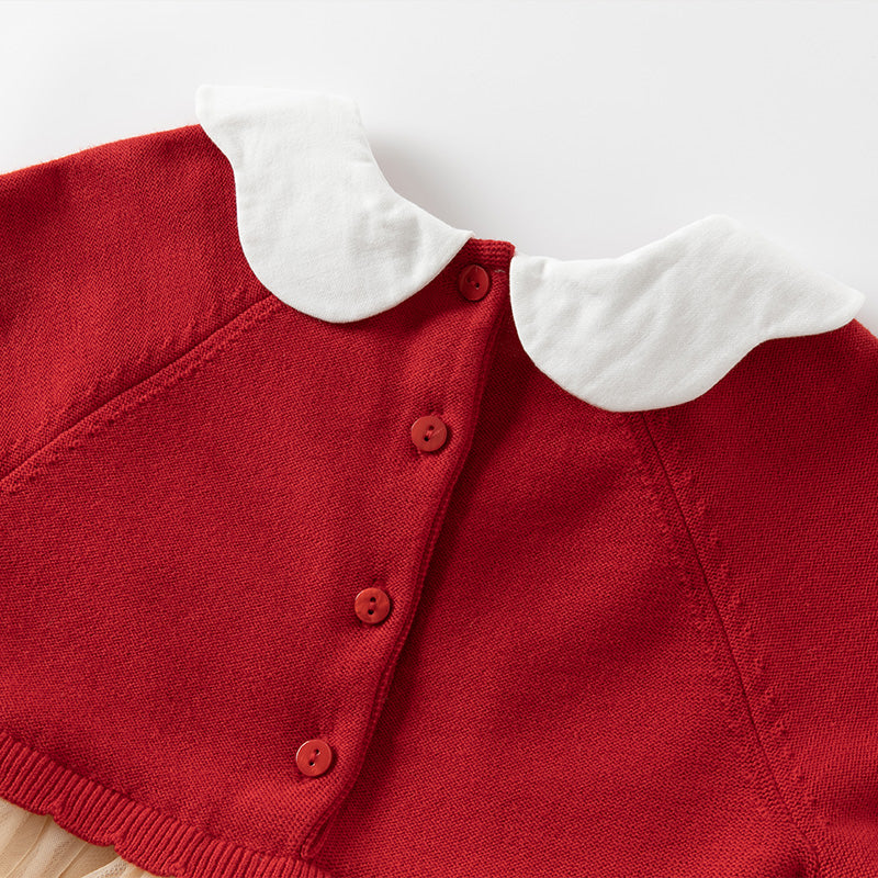 فستان للأطفال بأكمام طويلة من التريكو الأحمر مع تنورة من التول، مزين بياقة دمية بتصميم زهري