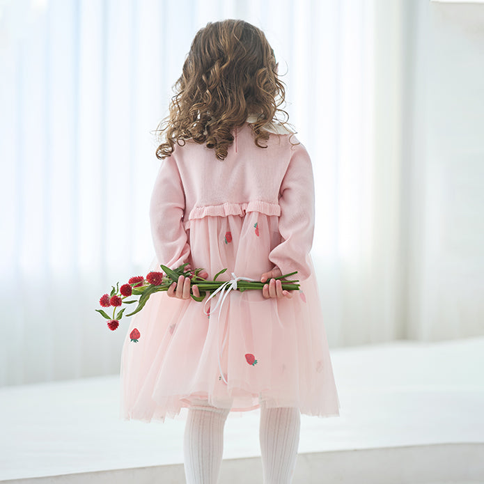 فستان للبنات الصغيرات بأكمام طويلة من التول الوردي مع عناصر محبوكة وزخرفة الفراولة