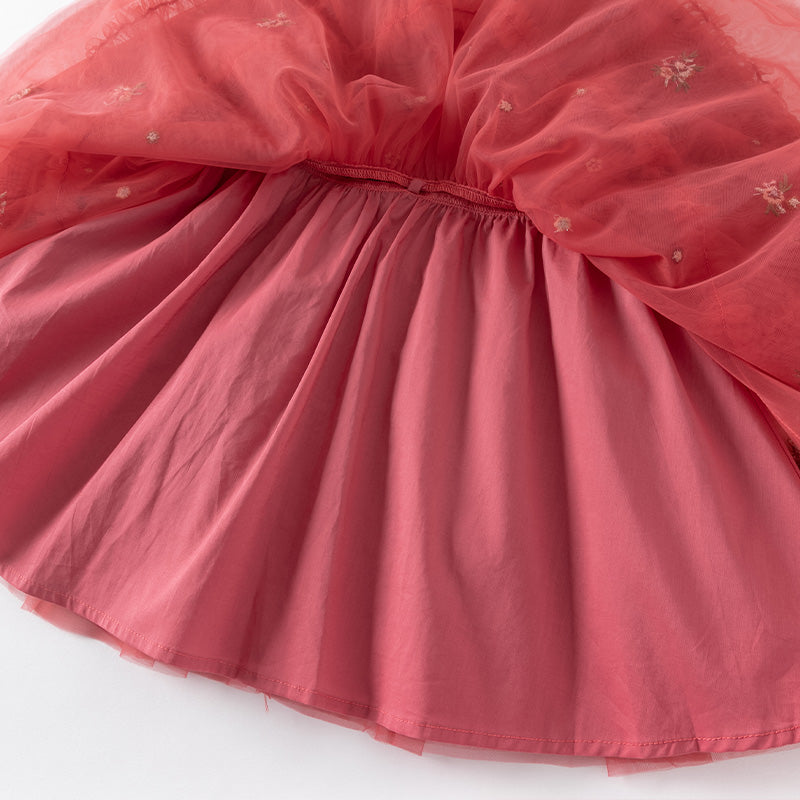 فستان بنات طويل الأكمام من التول باللون الأحمر بأسلوب أميرة