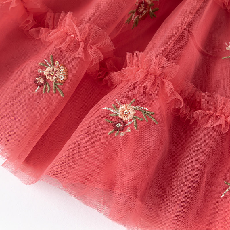 فستان بنات طويل الأكمام من التول باللون الأحمر بأسلوب أميرة