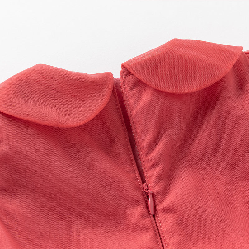 فستان بنات طويل الأكمام من التول باللون الأحمر بأسلوب أميرة