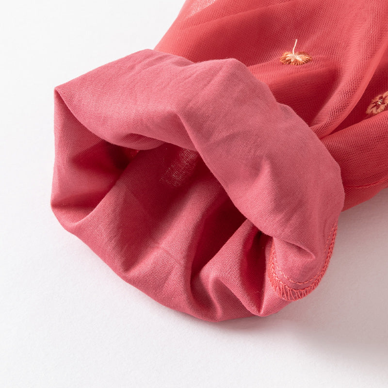 فستان بنات طويل الأكمام من التول باللون الأحمر بأسلوب أميرة