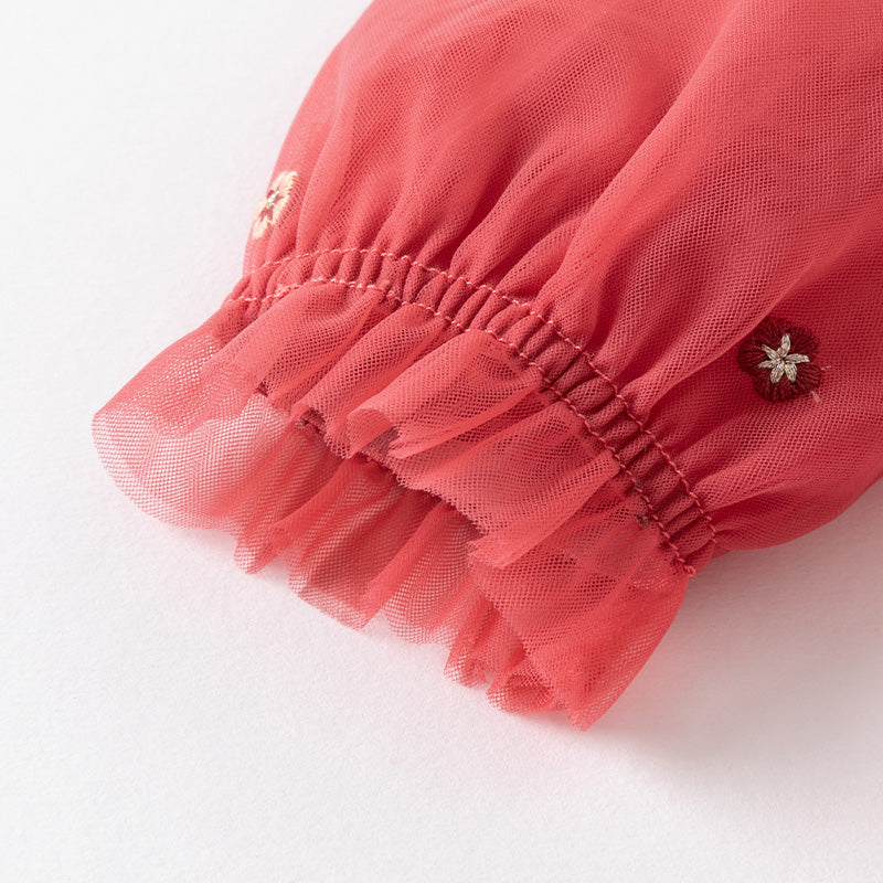 فستان بنات طويل الأكمام من التول باللون الأحمر بأسلوب أميرة