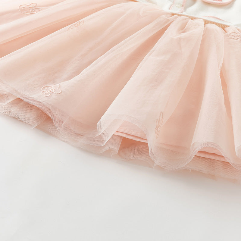 فستان بنات طويل الأكمام من قماش محبوك باللون البيج مع تنورة تول وردية بأسلوب أميرة