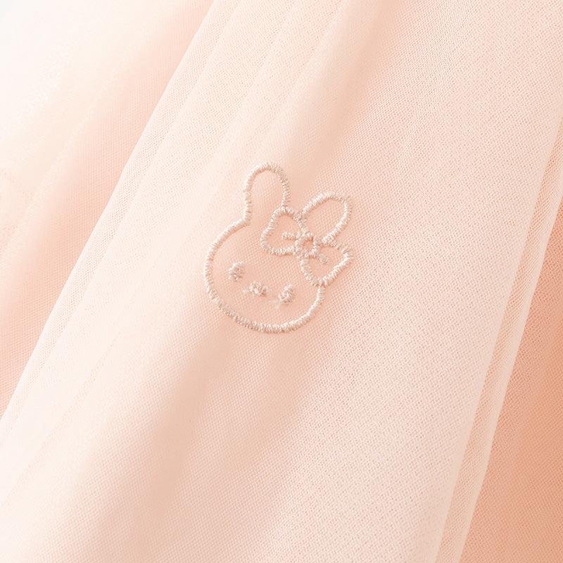 فستان بنات طويل الأكمام من قماش محبوك باللون البيج مع تنورة تول وردية بأسلوب أميرة