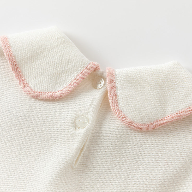 فستان بنات طويل الأكمام من قماش محبوك باللون البيج مع تنورة تول وردية بأسلوب أميرة