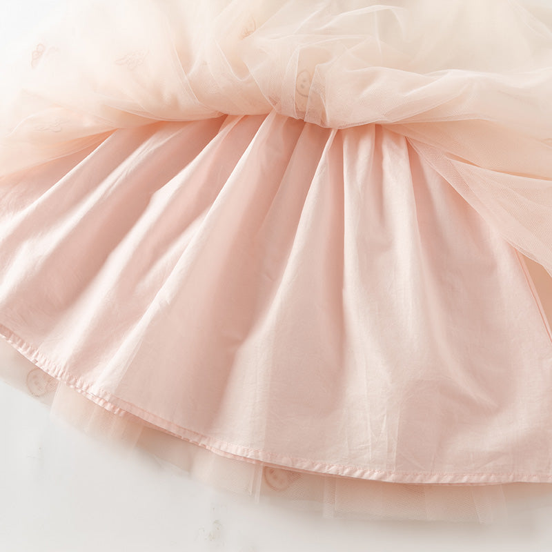 فستان بنات طويل الأكمام من قماش محبوك باللون البيج مع تنورة تول وردية بأسلوب أميرة