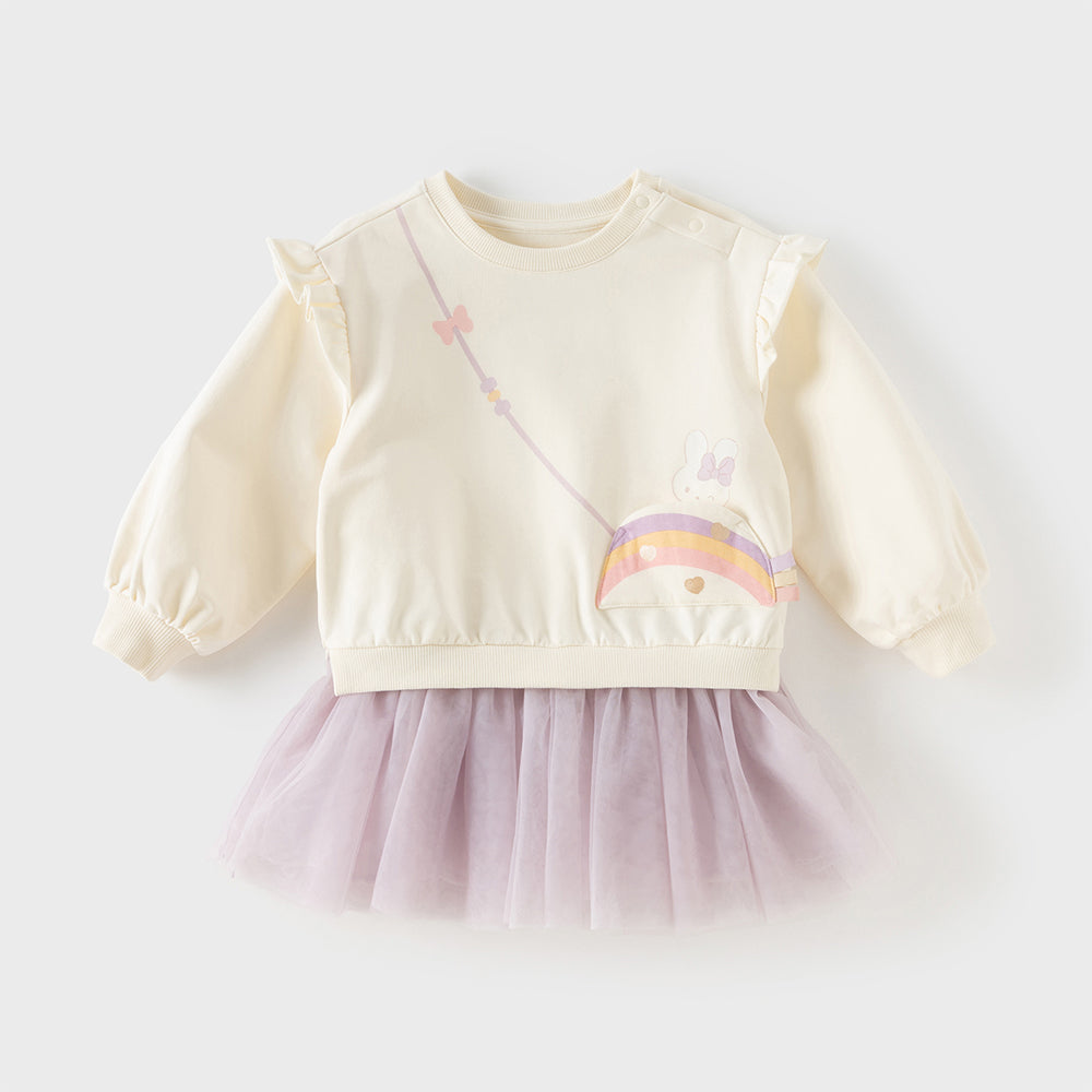 فستان بناتي بكم طويل باللون البيج من التول مع تصميم جيوب مبتكر