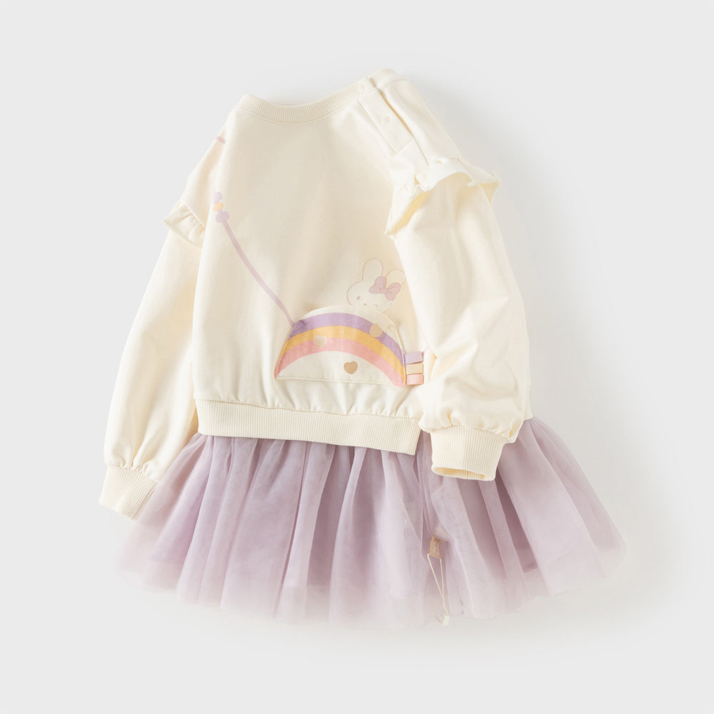 فستان بناتي بكم طويل باللون البيج من التول مع تصميم جيوب مبتكر