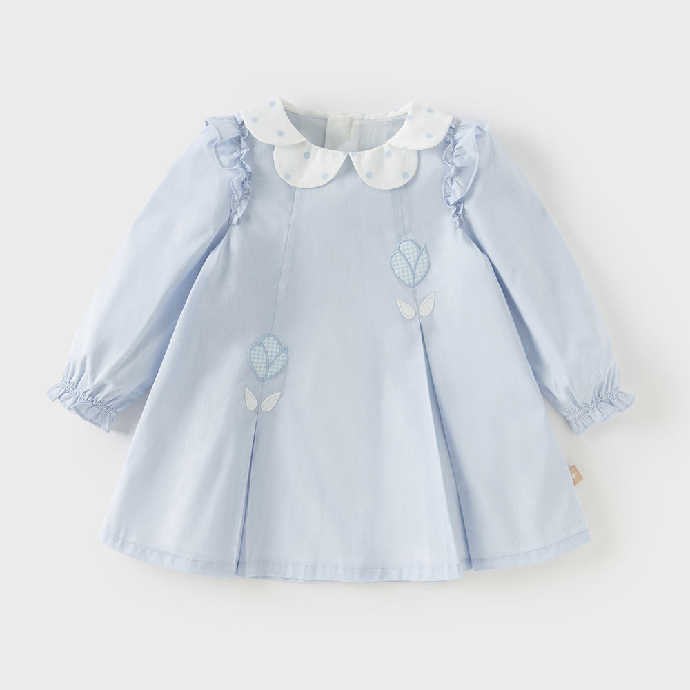 فستان بنات أطفال من القطن القابل للتنفس باللون الأزرق الفاتح – فستان بياقة منقطة وتطريز زهور أنيق