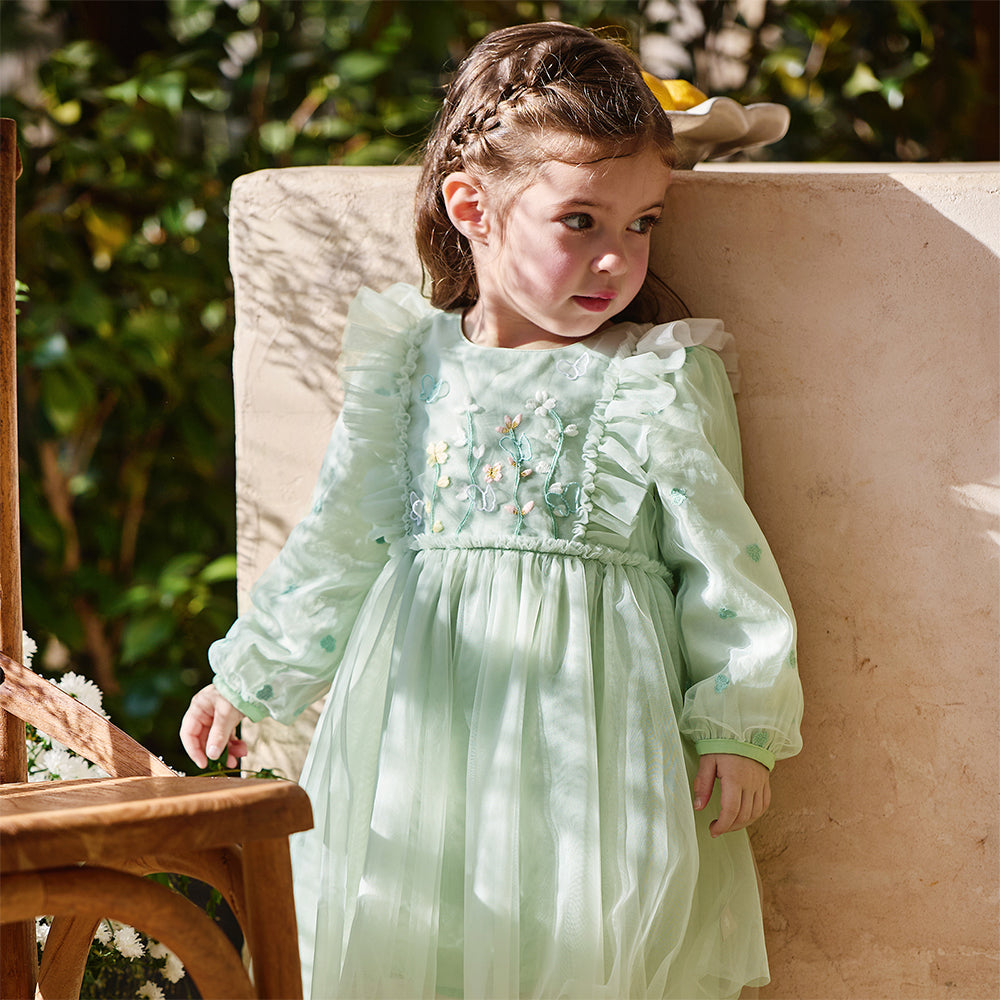 فستان بناتي بأكمام طويلة من التول الأخضر الرمادي الفاتح، تصميم أميرة مع تطريز ملون