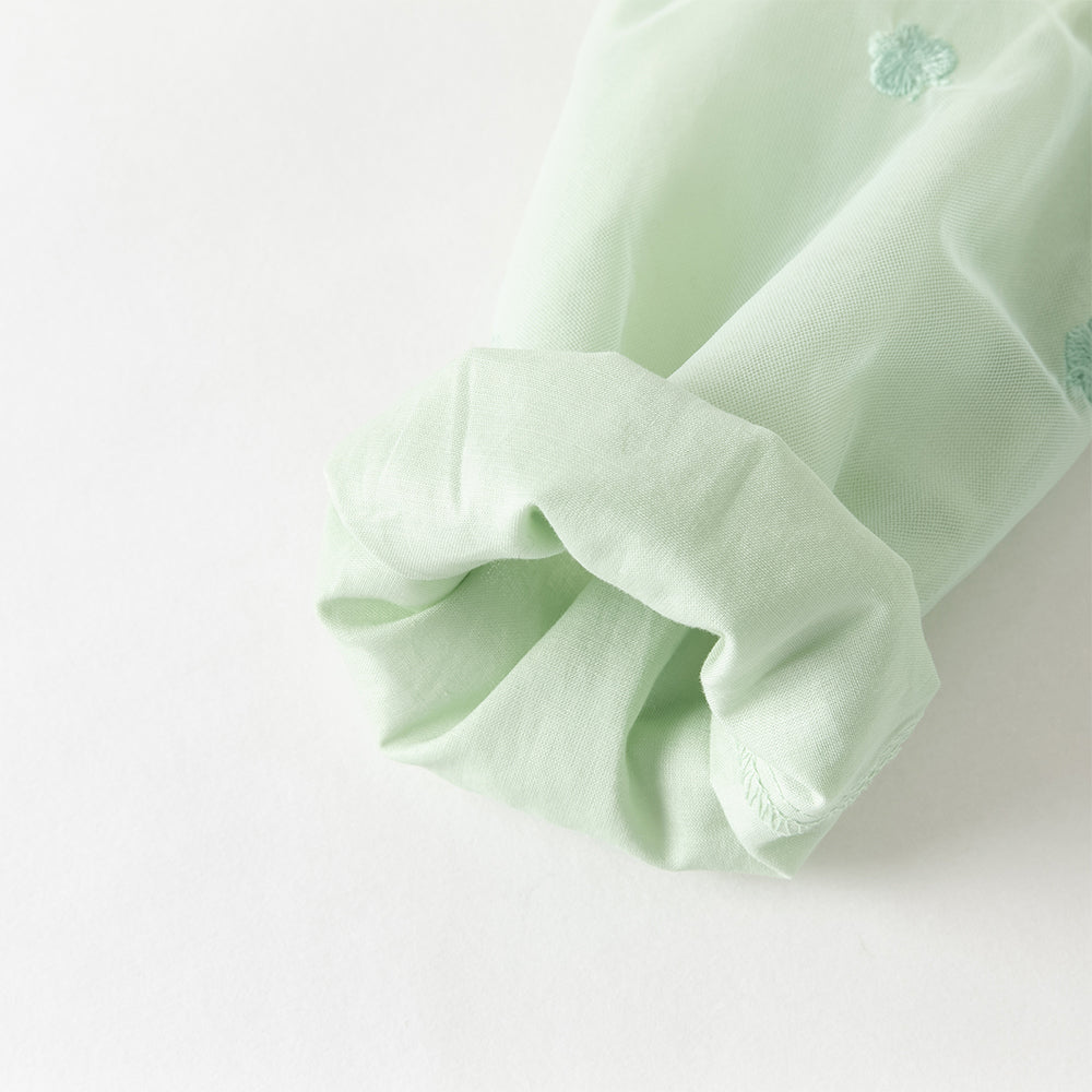 فستان بناتي بأكمام طويلة من التول الأخضر الرمادي الفاتح، تصميم أميرة مع تطريز ملون