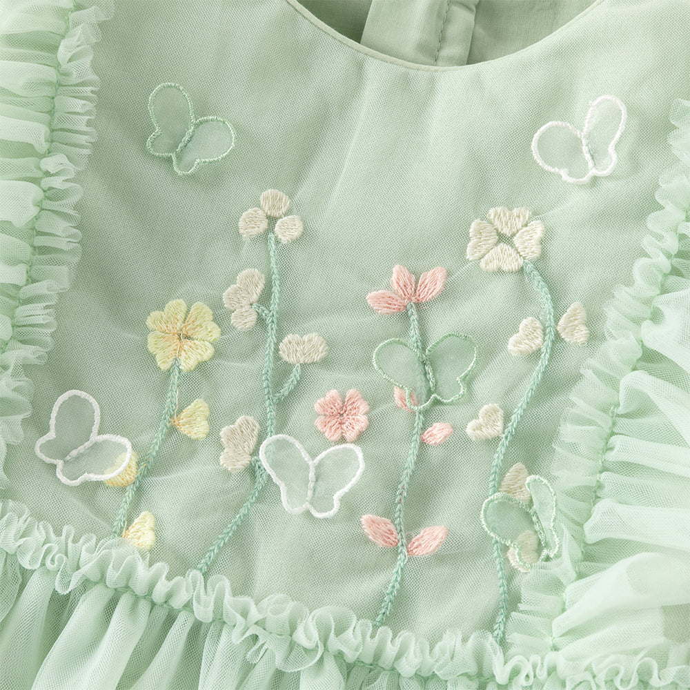 فستان بناتي بأكمام طويلة من التول الأخضر الرمادي الفاتح، تصميم أميرة مع تطريز ملون