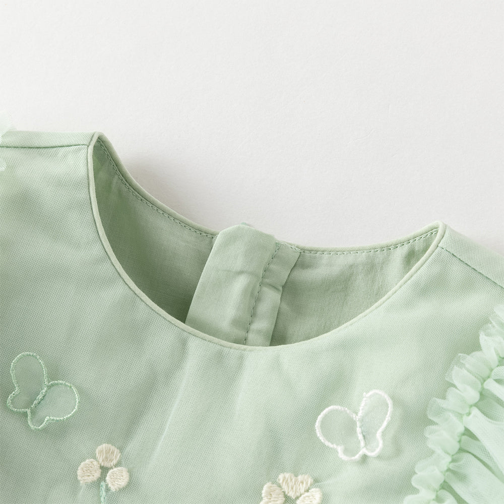 فستان بناتي بأكمام طويلة من التول الأخضر الرمادي الفاتح، تصميم أميرة مع تطريز ملون