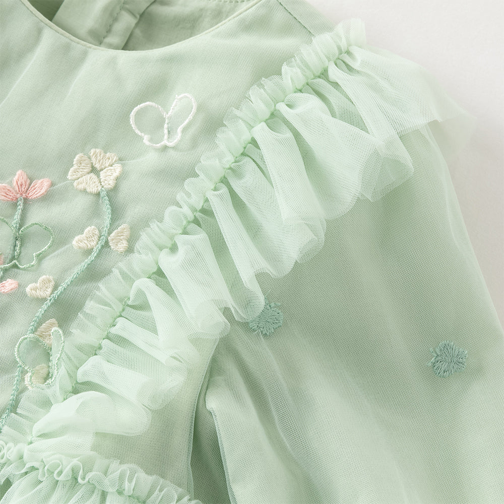 فستان بناتي بأكمام طويلة من التول الأخضر الرمادي الفاتح، تصميم أميرة مع تطريز ملون