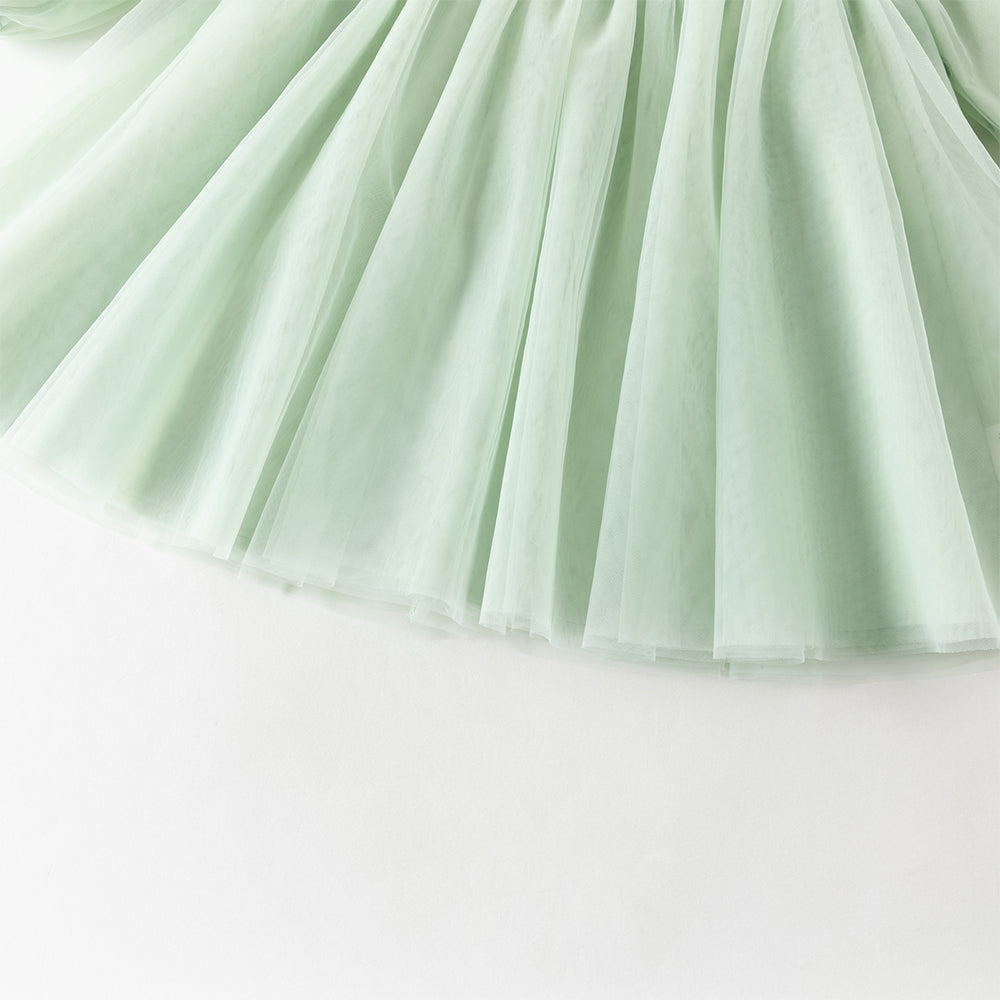 فستان بناتي بأكمام طويلة من التول الأخضر الرمادي الفاتح، تصميم أميرة مع تطريز ملون