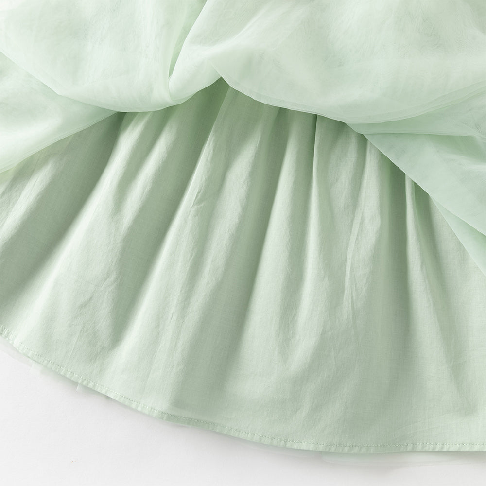 فستان بناتي بأكمام طويلة من التول الأخضر الرمادي الفاتح، تصميم أميرة مع تطريز ملون