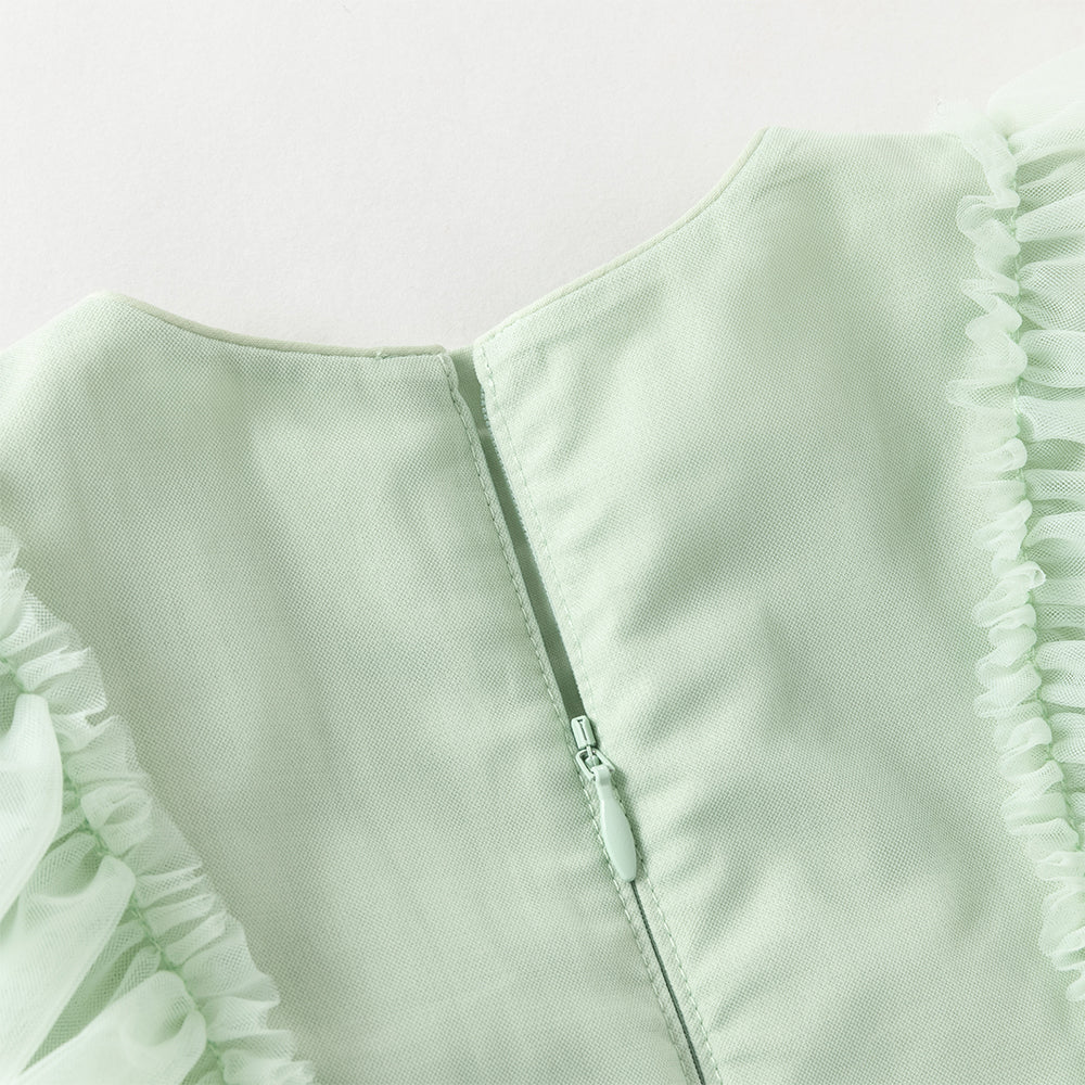 فستان بناتي بأكمام طويلة من التول الأخضر الرمادي الفاتح، تصميم أميرة مع تطريز ملون