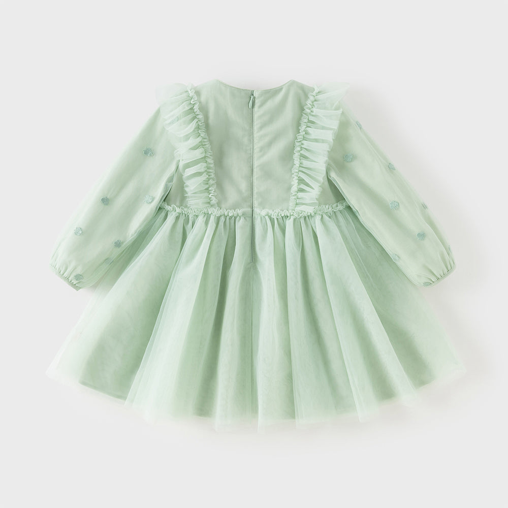 فستان بناتي بأكمام طويلة من التول الأخضر الرمادي الفاتح، تصميم أميرة مع تطريز ملون