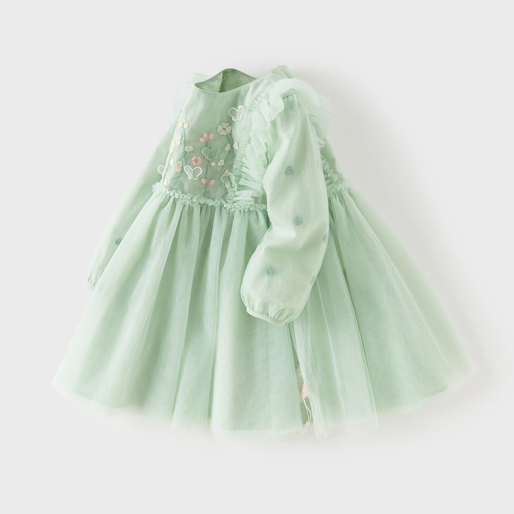 فستان بناتي بأكمام طويلة من التول الأخضر الرمادي الفاتح، تصميم أميرة مع تطريز ملون