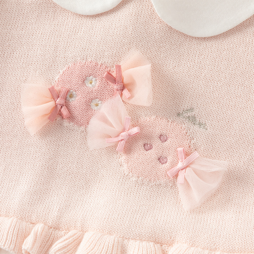 فستان بناتي طويل الأكمام باللون الوردي من القماش المحبوك، بتنورة تول بأسلوب أميرة