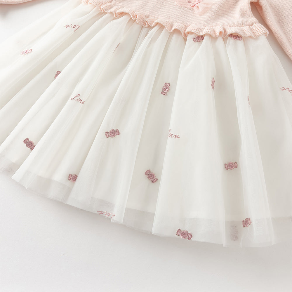 فستان بناتي طويل الأكمام باللون الوردي من القماش المحبوك، بتنورة تول بأسلوب أميرة