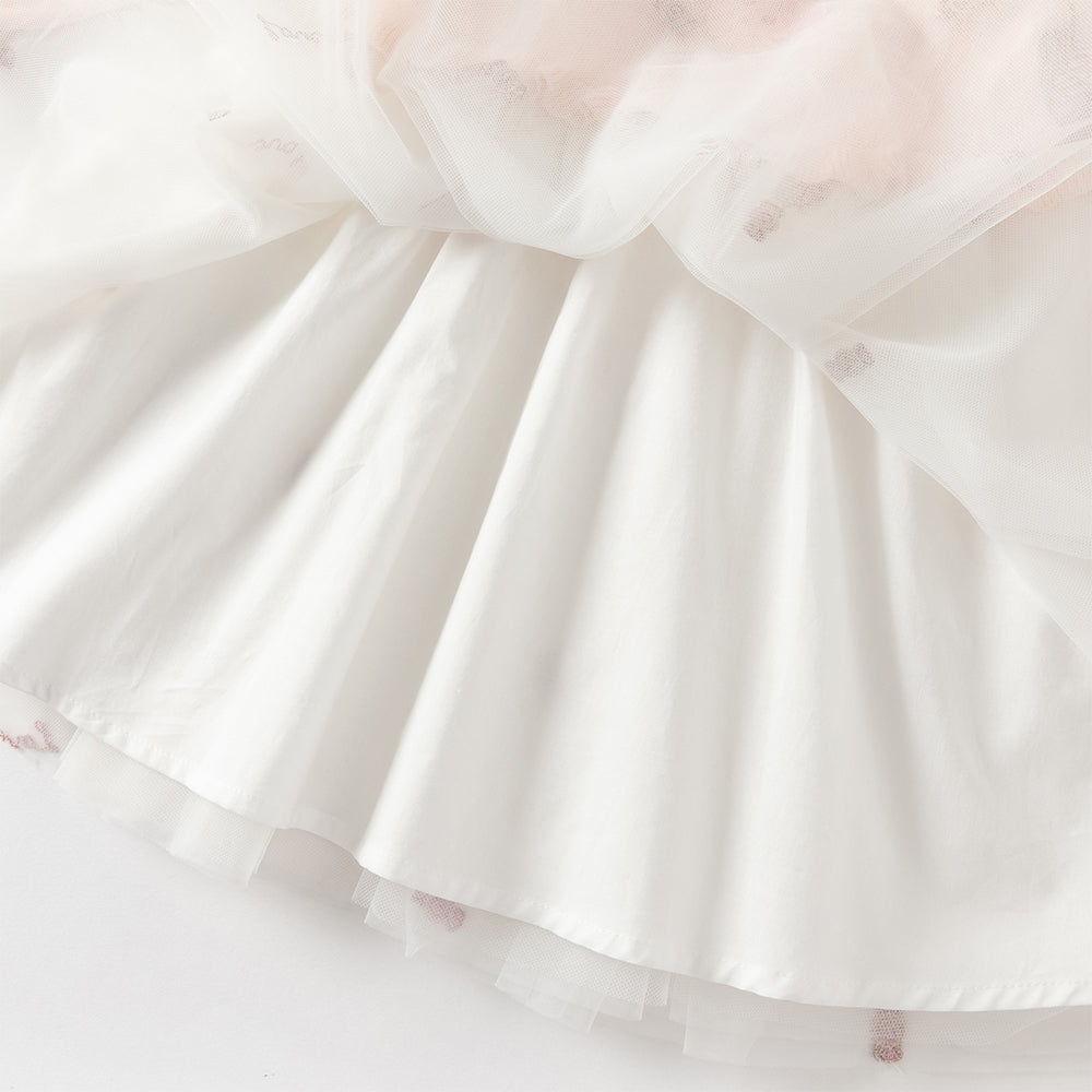 فستان بناتي طويل الأكمام باللون الوردي من القماش المحبوك، بتنورة تول بأسلوب أميرة