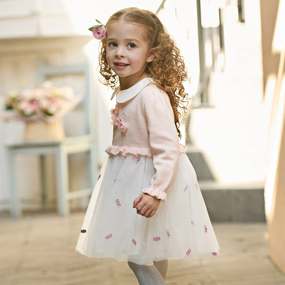 فستان بناتي طويل الأكمام باللون الوردي من القماش المحبوك، بتنورة تول بأسلوب أميرة