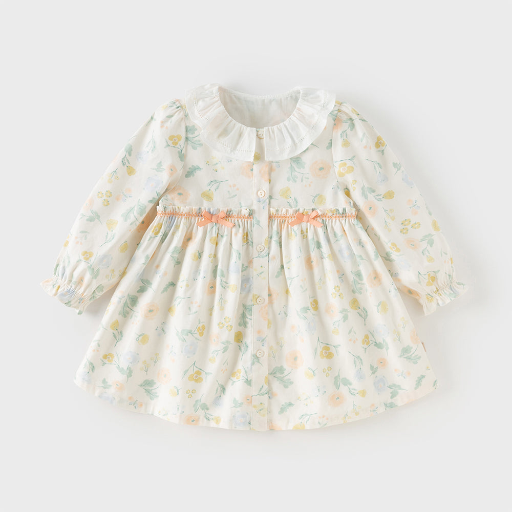 فستان بناتي بأكمام طويلة من القطن بطباعة زهرية