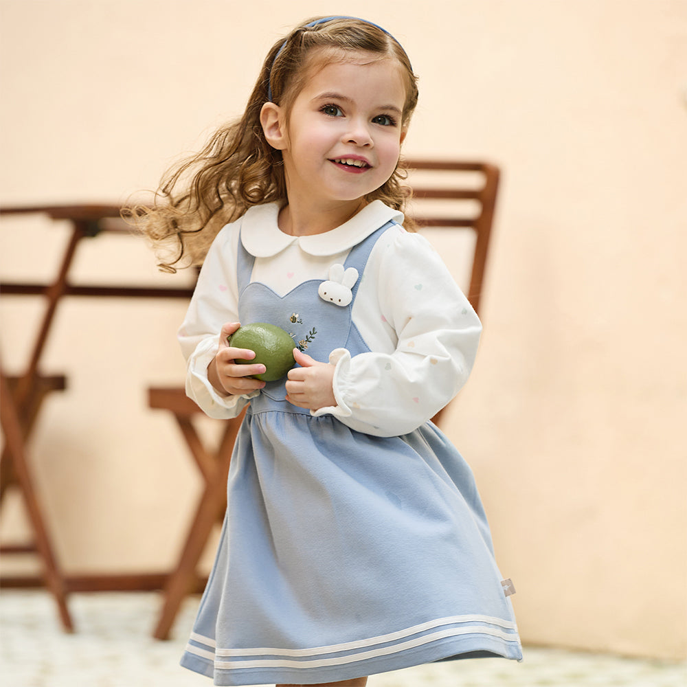 فستان بناتي بأكمام طويلة باللون الرمادي الأزرق، بأسلوب لطيف