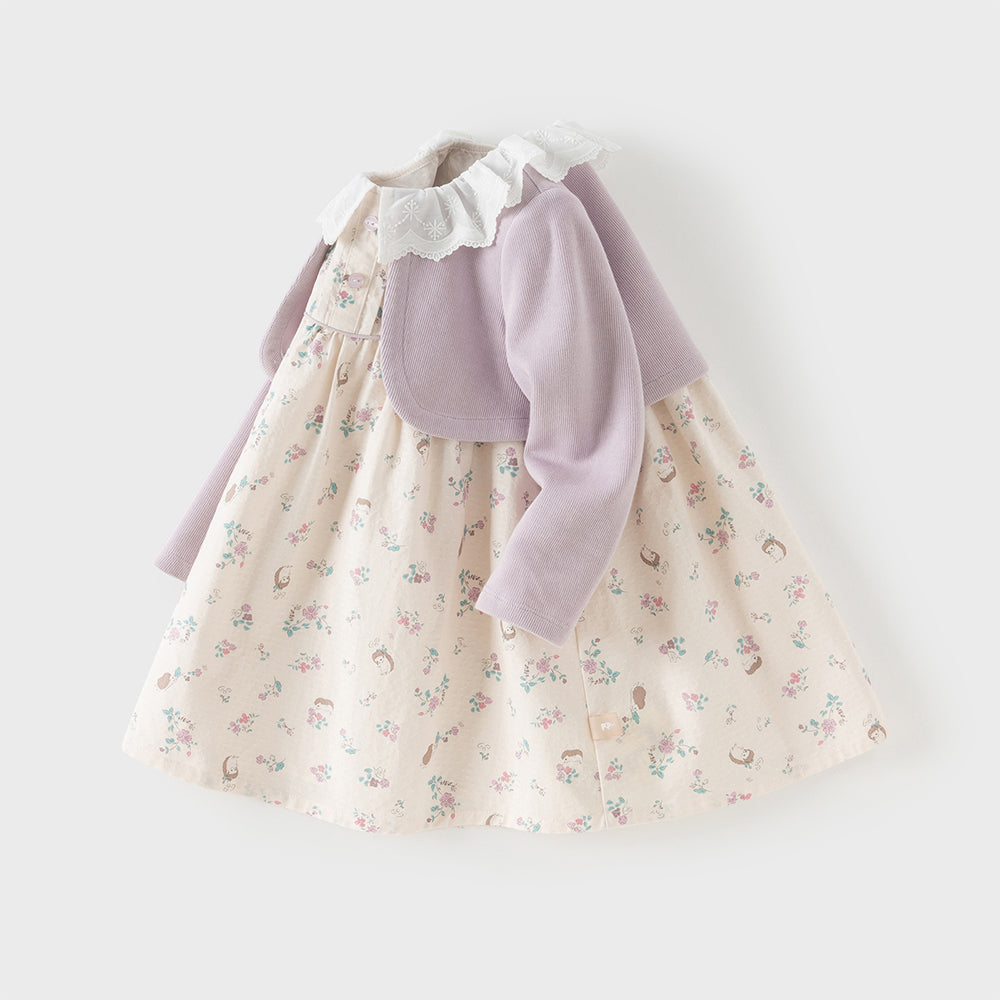 فستان بنات طويل الأكمام باللون البنفسجي من نسيج محبوك مع تنورة مزخرفة بزخارف الزهور