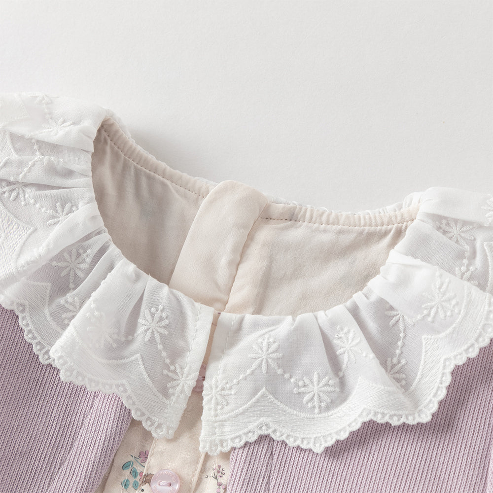 فستان بنات طويل الأكمام باللون البنفسجي من نسيج محبوك مع تنورة مزخرفة بزخارف الزهور