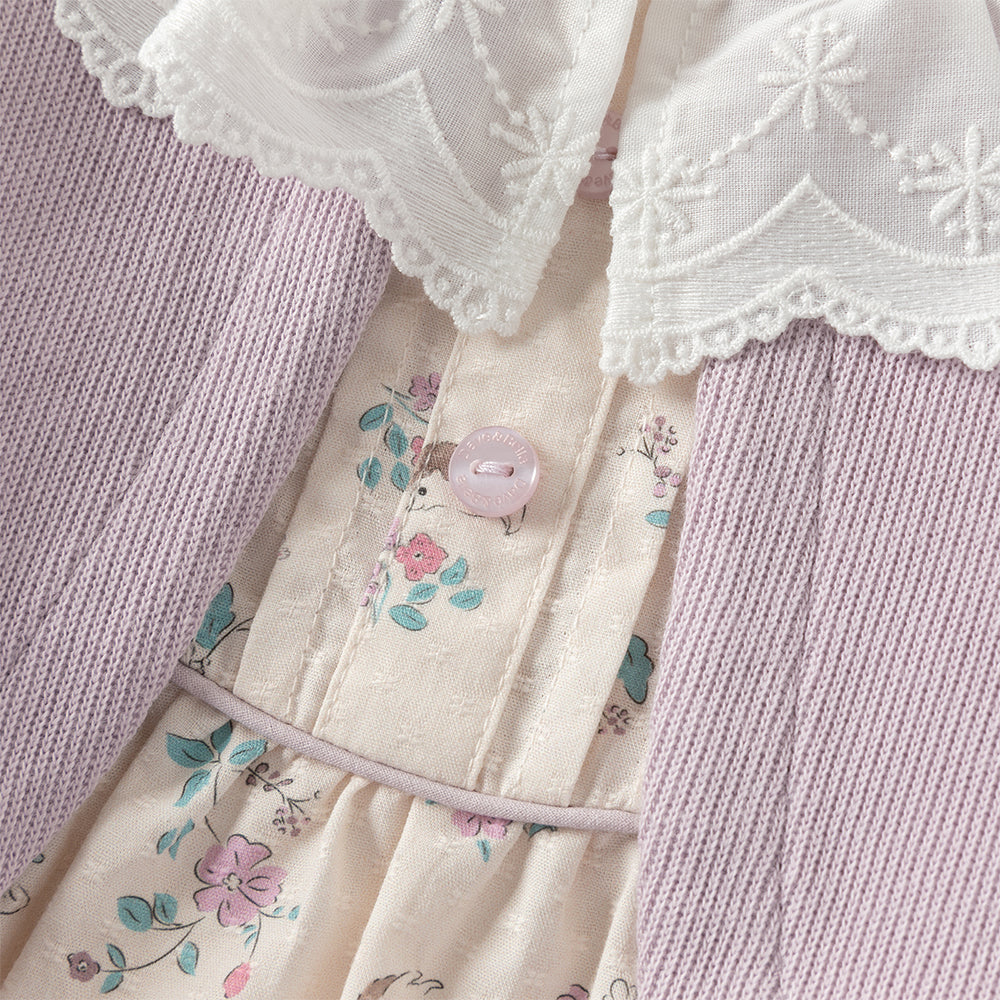 فستان بنات طويل الأكمام باللون البنفسجي من نسيج محبوك مع تنورة مزخرفة بزخارف الزهور