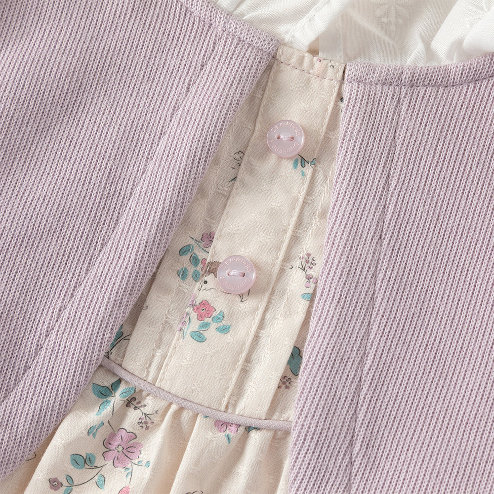 فستان بنات طويل الأكمام باللون البنفسجي من نسيج محبوك مع تنورة مزخرفة بزخارف الزهور