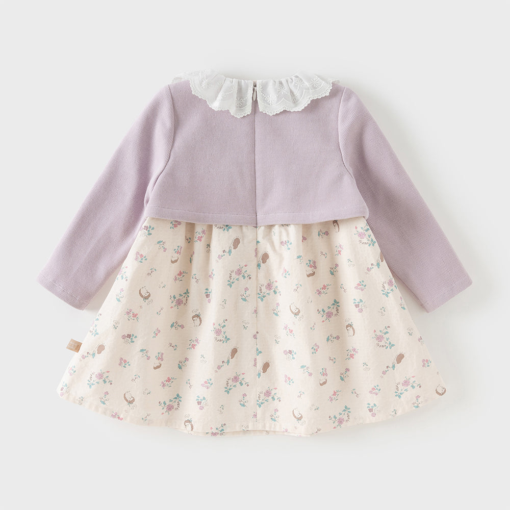 فستان بنات طويل الأكمام باللون البنفسجي من نسيج محبوك مع تنورة مزخرفة بزخارف الزهور