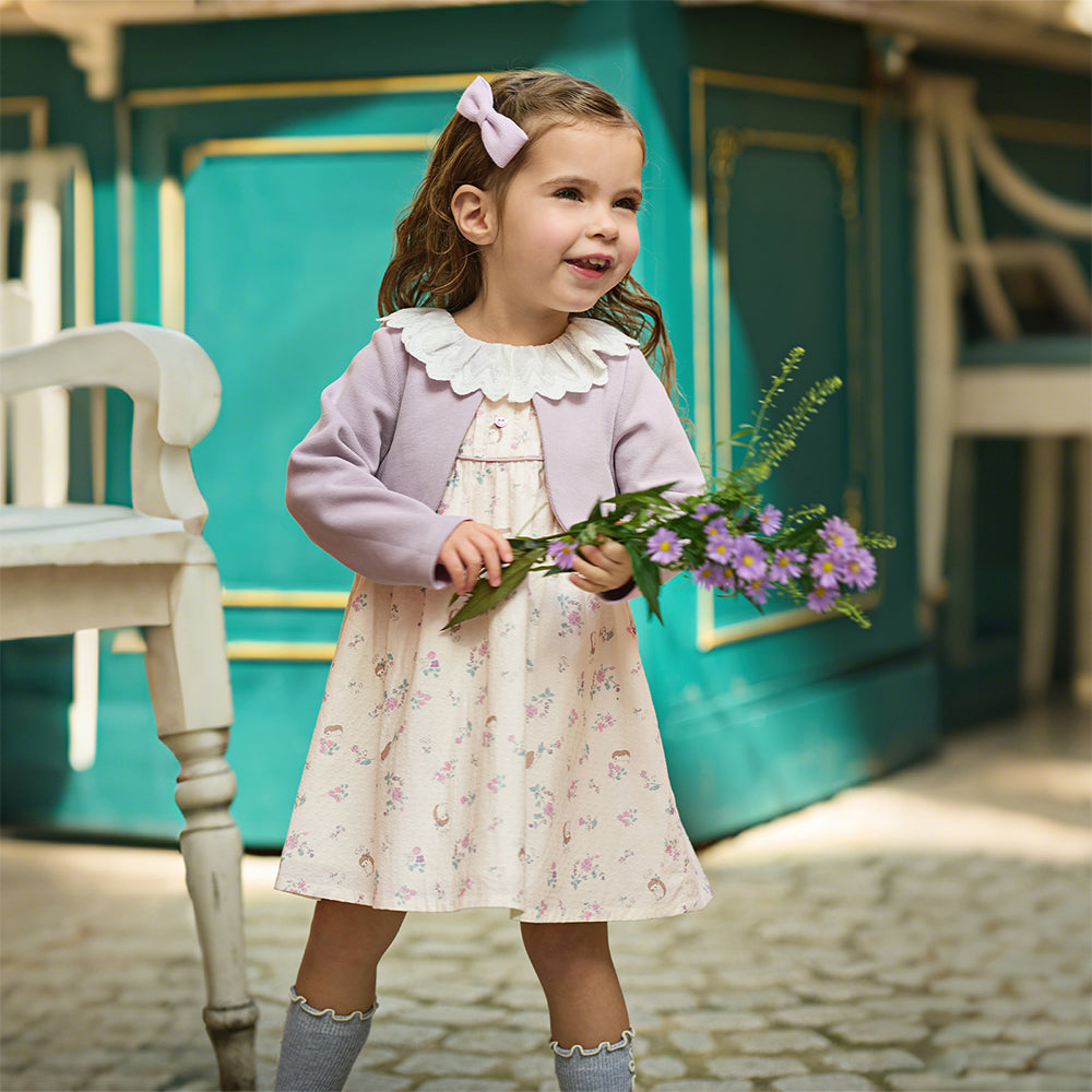 فستان بنات طويل الأكمام باللون البنفسجي من نسيج محبوك مع تنورة مزخرفة بزخارف الزهور