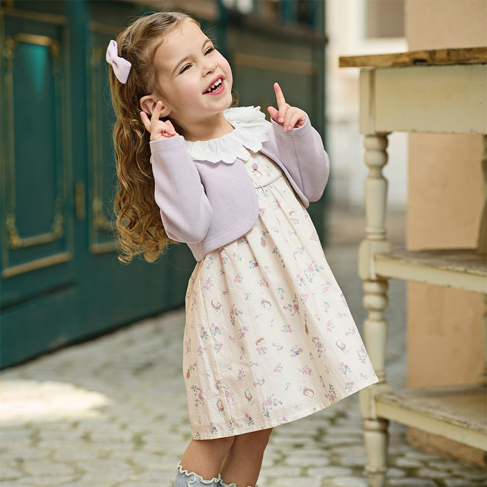 فستان بنات طويل الأكمام باللون البنفسجي من نسيج محبوك مع تنورة مزخرفة بزخارف الزهور