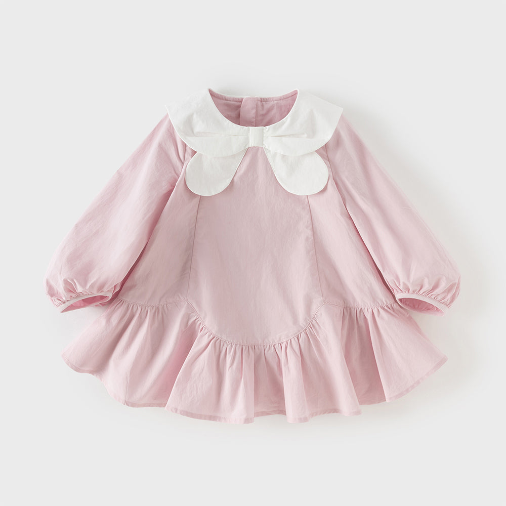 فستان بنات بأكمام طويلة من القطن باللون وردي، أسلوب لطيف